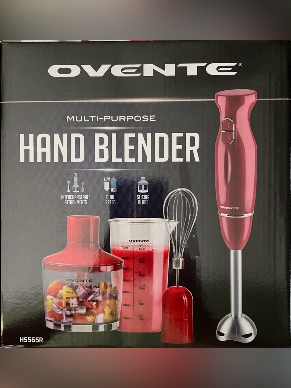 BRAND NEW 2-Speed Red Hand Immersion Blender w/Whisk, Beaker, Chopper Included